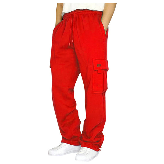 New Pants Male Fitness Running Trousers Drawstring Loose Waist Solid Color Pocket Loose Fleece Work Attire Leisure Sports