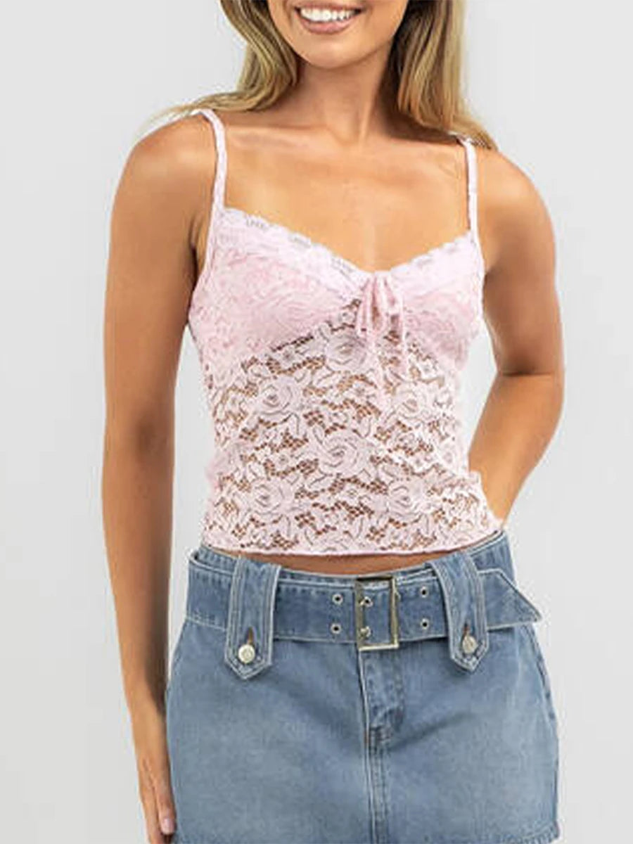 Women Eyelet Lace Camisoles Spaghetti Strap Cami Tops Sleeveless Backless Tank Tops Summer Vests Tops Streetwear