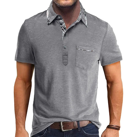 Men Short Sleeve T-Shirts Contrast Plaid Turn-Down Collar Buttons Business Casual Tops Summer Fashion  Fit Shirts