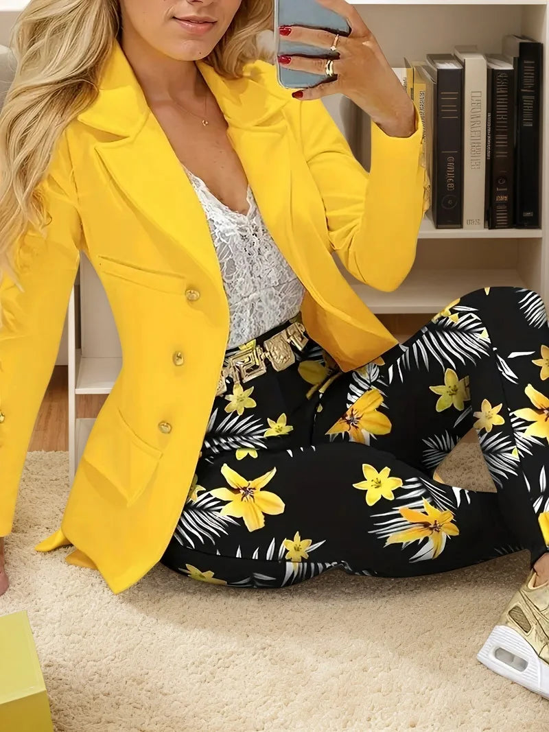 2025 women's new printed suit jacket and pants set - double breasted floral print - suitable for spring and autumn seasons
