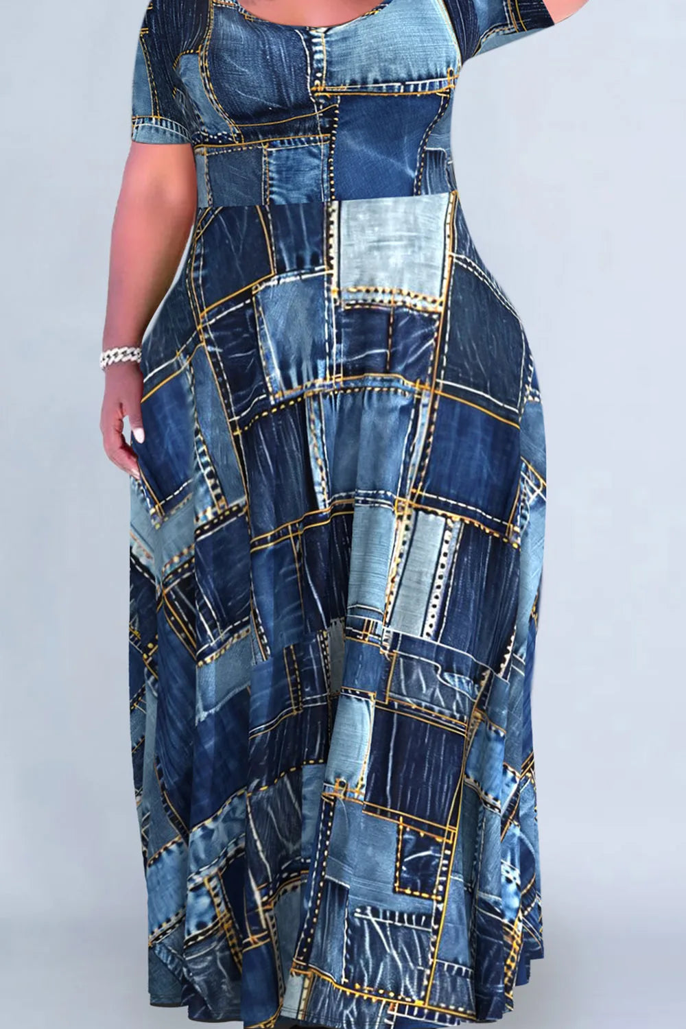 Plus Size Dark Blue Patchwork Crew Neck Denim Print Maxi Dresses