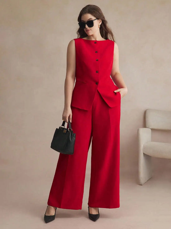 Red Plus Size Sleeveless Button Front Blazer & Wide Leg Pants Suit Set for Women, Elegant Office Wear