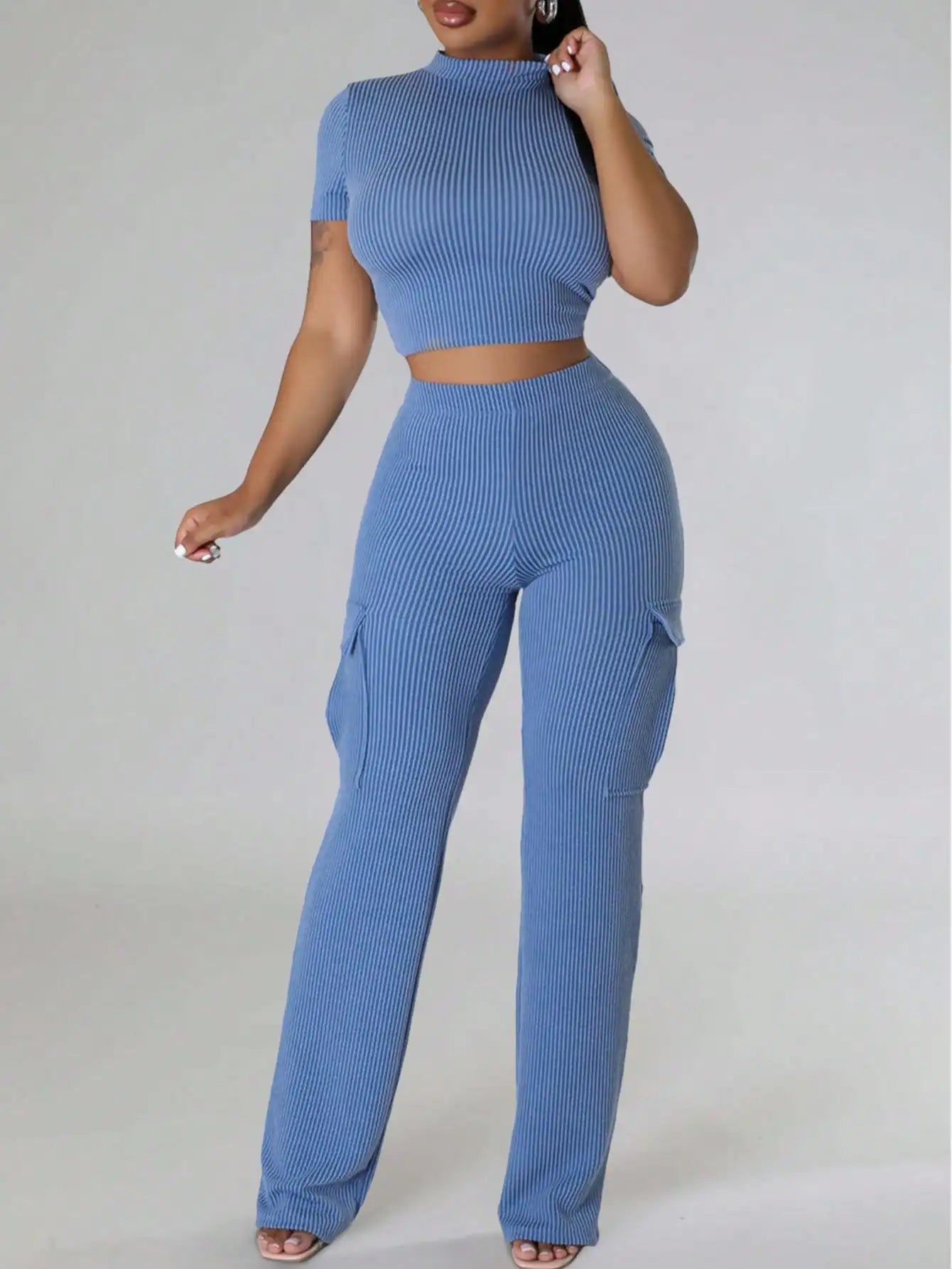 Women's Ribbed Knit Two-Piece Tracksuit - Short Sleeve Crop Top & High-Waisted Wide Leg Pants (Crewneck/Elastic Waist)