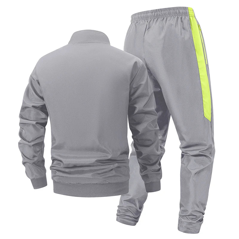 Bull Print Colorblock Sports Set for Men Outdoor Stand Collar Zip Up Jacket Coat Outwear Tops Pants Trousers with Zipper Pockets