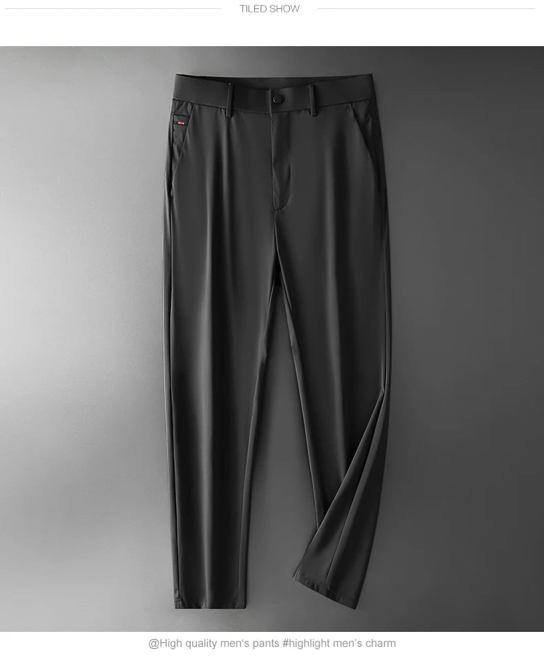 BROWON New Ice Silk Casual Pants Men Spring and Summer Mid Straight Thin Breath Pants Comfortable Light Elastic Loose Trousers