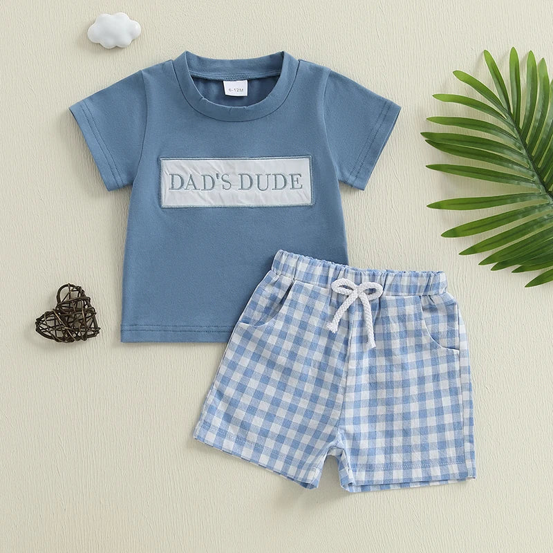 Infant Boy s Casual Outfit with Embroidered T-shirt and Plaid Shorts Elastic Waistband 2-Piece Set for Toddlers
