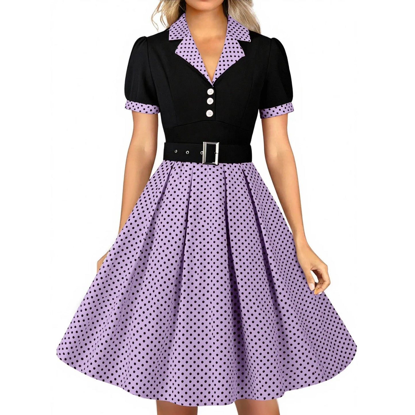 Women'S Vintage Polka Dot Lapel  Short-Sleeved Belt Dress Vestidos Mujer Veranoa 2025 Robe Femme Dress Women Women Clothing