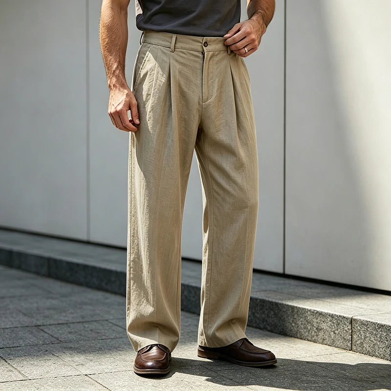 Men's Loose Fit Linen Trousers Casual Straight Leg Pleated Pants Lightweight Breathable for Work Commute Vacation Daily Wear