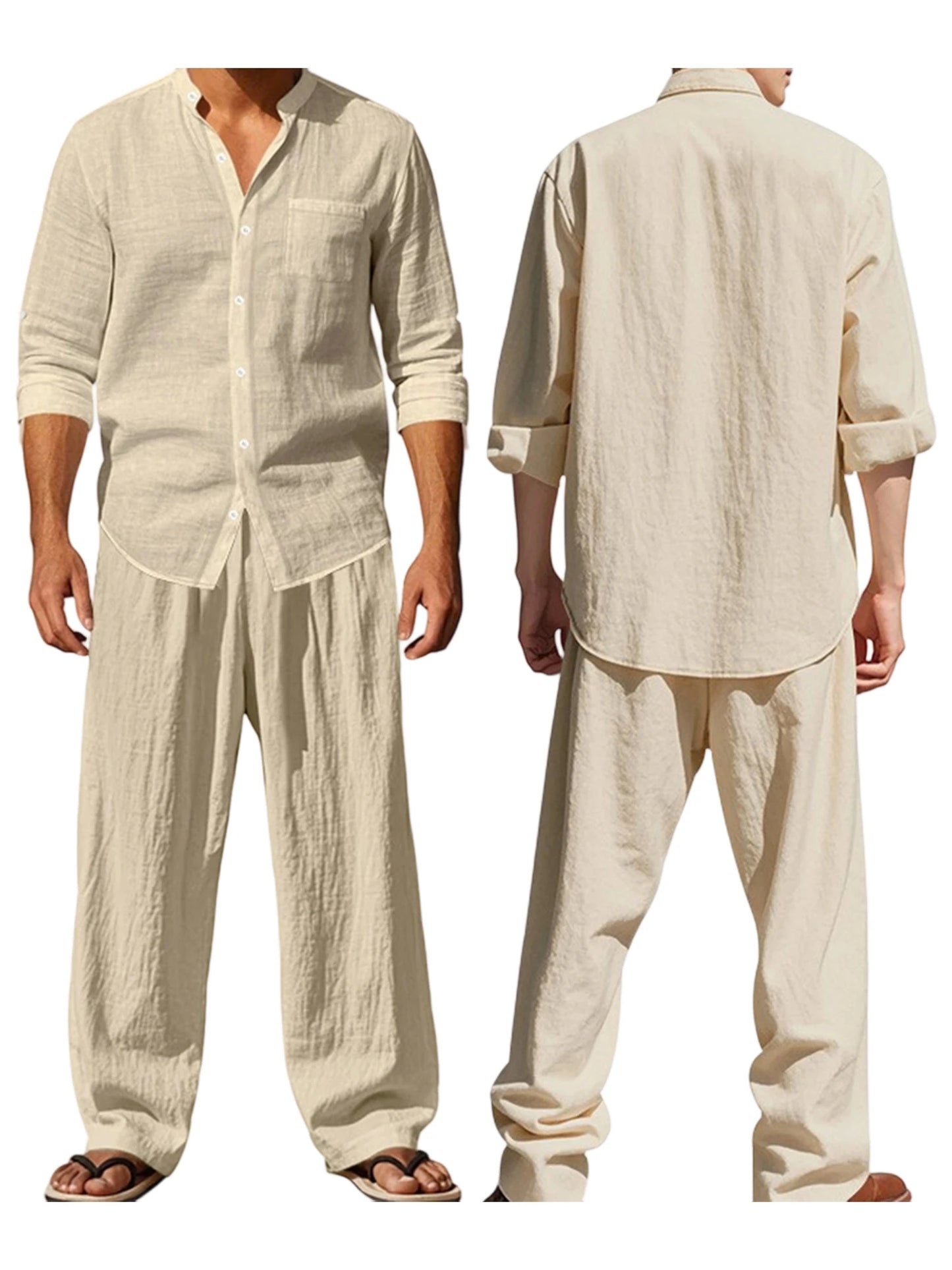 Men s Cotton Summer Outfits Sets Lightweight Breathable Short Sleeve Shirt and Shorts 2 Pcs Set for Beach Vacation