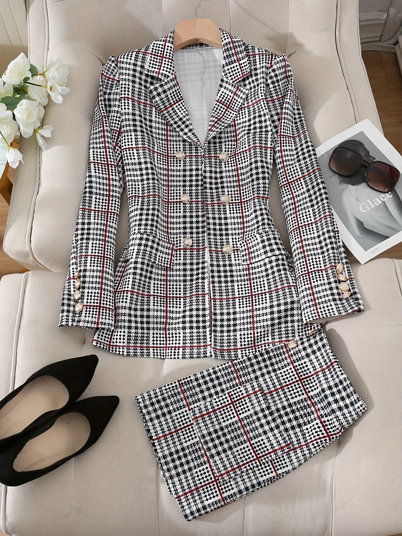 Women's Thousand Bird Casual Two-Piece Suit Set, Long Sleeved Flip Top Double Breasted Suit Jacket and Mini Hip Hugging Skirt, S