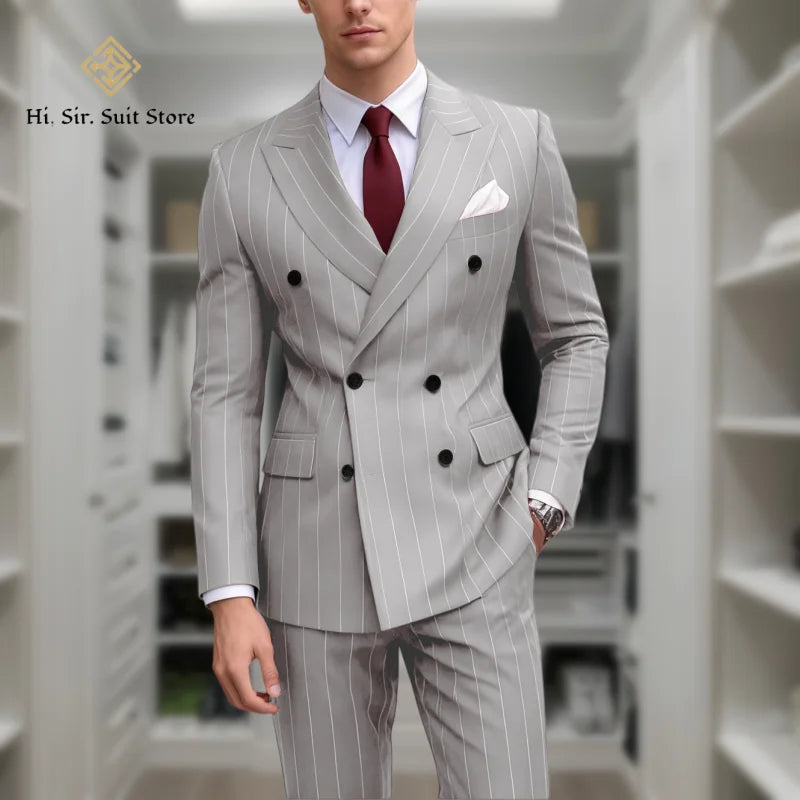 Men's 2-Piece Suit Plus Size Blazer European & American Fashion Striped Double-Breasted Suit Custom-Made Small Batch Blue Jacket