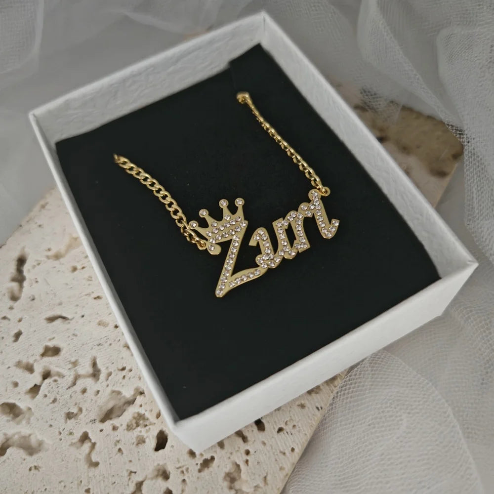 LeeChee Rhinestone Crown Custom Name Necklace Personalized Pendant Nameplate Girls Party Gift