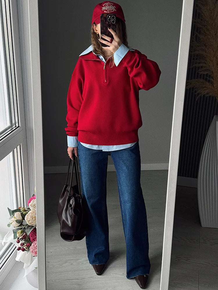 Red Zip Up Sweater Women Brown Oversized Winter Autumn Pullovers Half Zip Thick White Turtleneck Sweater With Zipper Women Warm