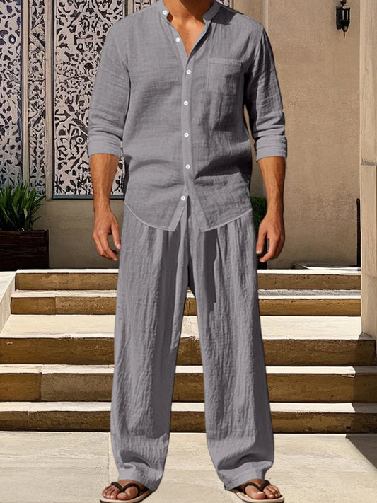 Men s Cotton Summer Outfits Sets Lightweight Breathable Short Sleeve Shirt and Shorts 2 Pcs Set for Beach Vacation