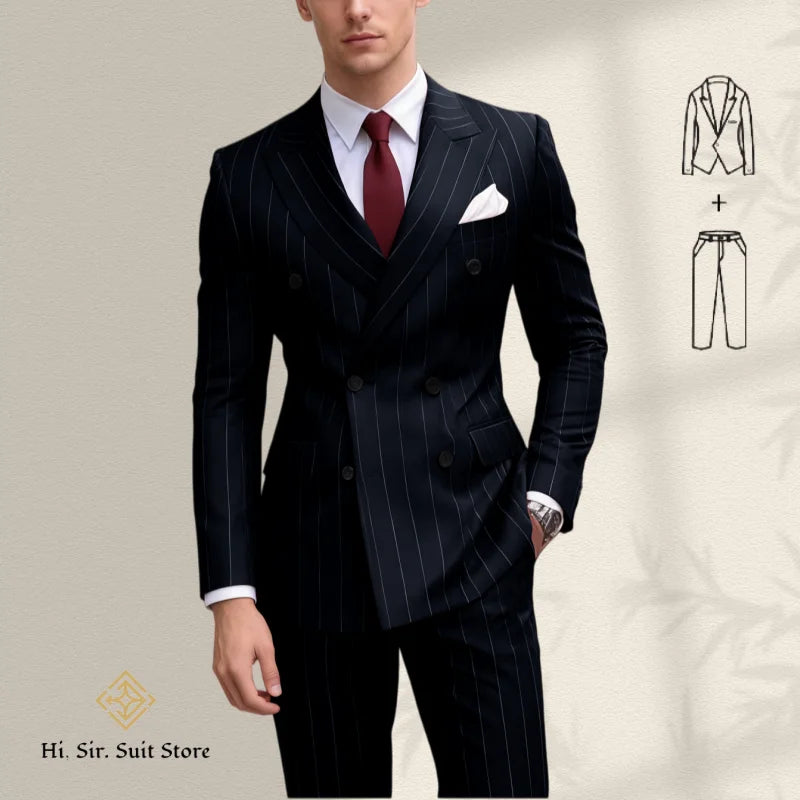 Men's 2-Piece Suit Plus Size Blazer European & American Fashion Striped Double-Breasted Suit Custom-Made Small Batch Blue Jacket