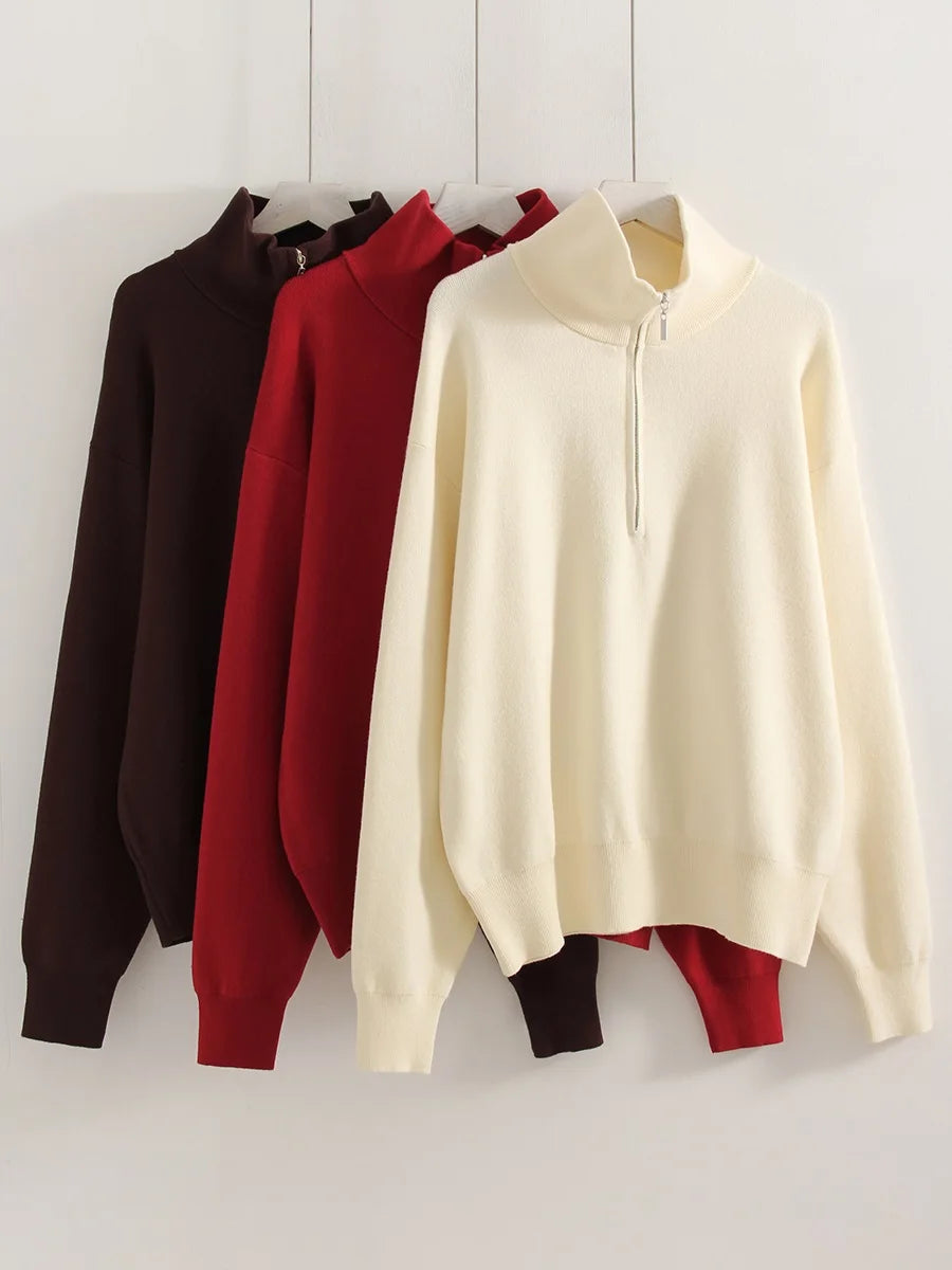 Red Zip Up Sweater Women Brown Oversized Winter Autumn Pullovers Half Zip Thick White Turtleneck Sweater With Zipper Women Warm