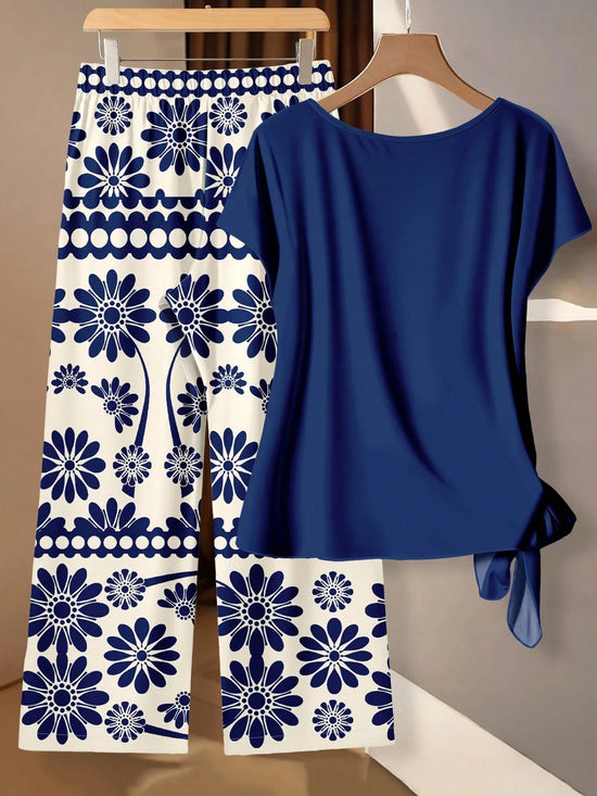 EMERY ROSE Plus Size Casual Solid Color Batwing Top And Floral Print Pants 2 Piece Set,Vacation/Summer/Spring
