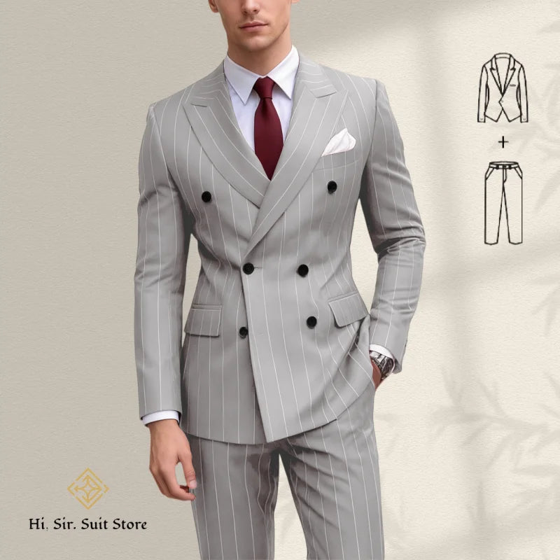 Men's 2-Piece Suit Plus Size Blazer European & American Fashion Striped Double-Breasted Suit Custom-Made Small Batch Blue Jacket