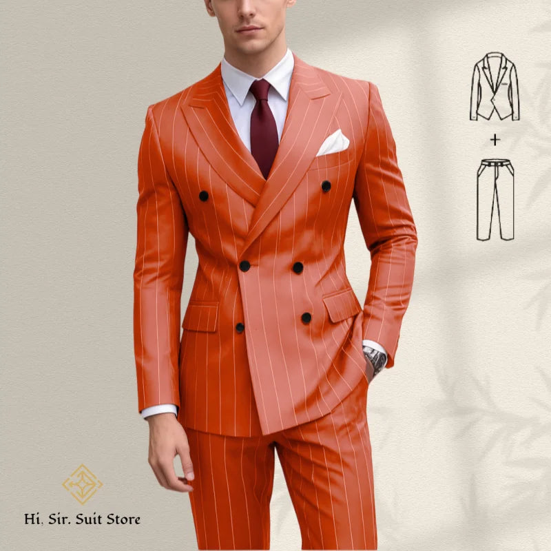 Men's 2-Piece Suit Plus Size Blazer European & American Fashion Striped Double-Breasted Suit Custom-Made Small Batch Blue Jacket