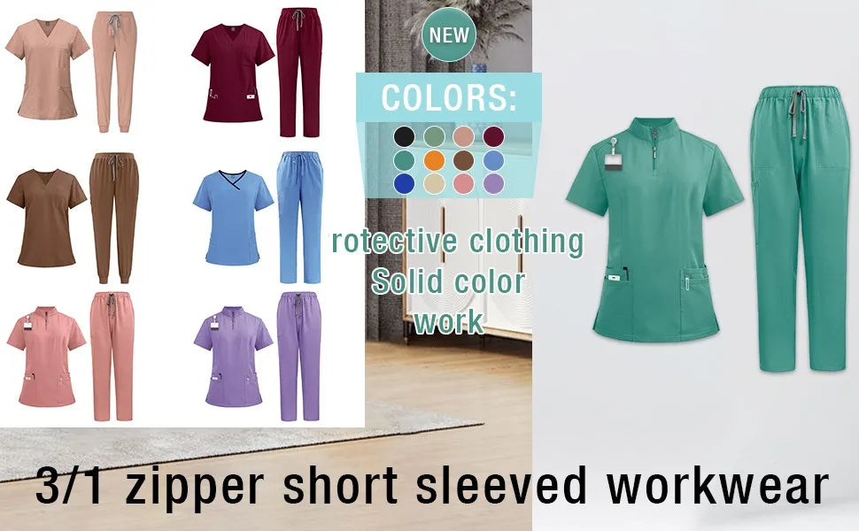 Women Two-Piece Set Solid Color Stand-Up Collar Short-Sleeve Top With Zipper Pocket And Matching Pants Professional Workwear