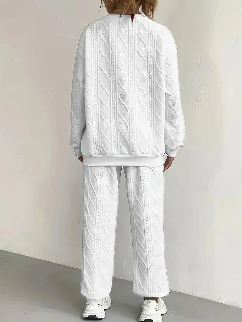 Plus Size Women's Twist Knit Textured Home Two-Piece Set, Comfortable Outfit for Autumn and Winter Casual Fashion Wear