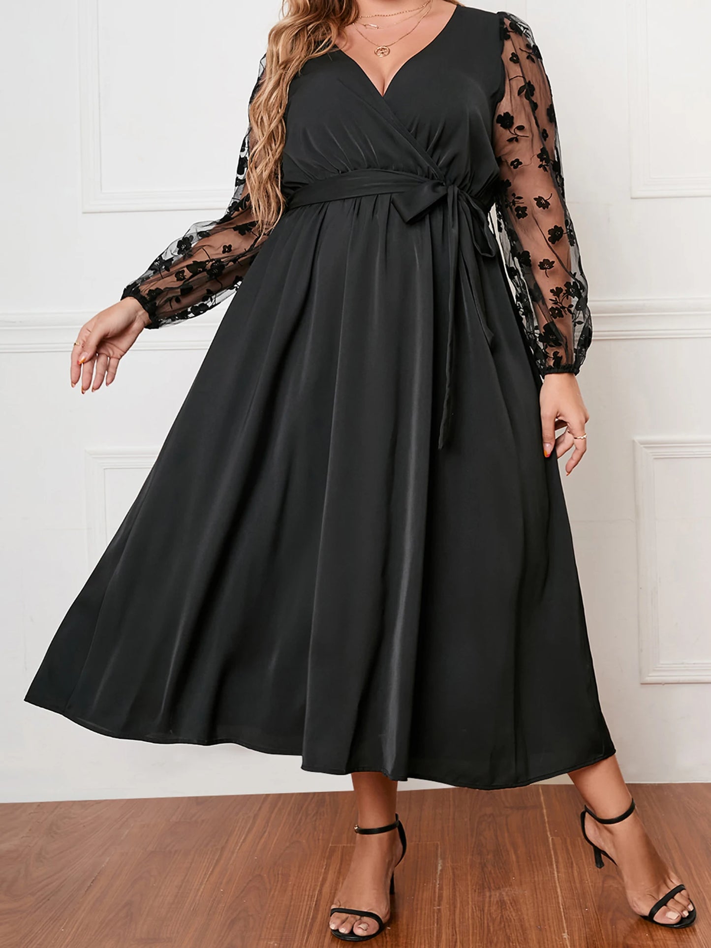 Women s Plus Size Satin Dress Embroidered Lace Long Sleeve Wrap V-Neck A Line Dress with Belt for Spring Fall Wedding Party