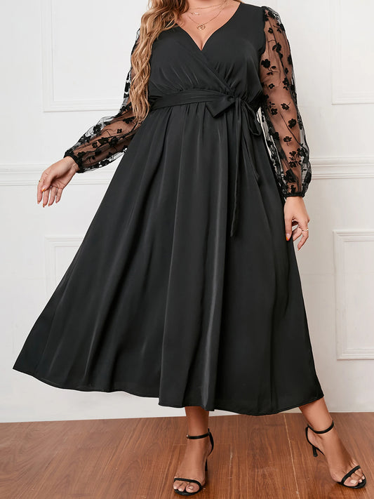 Women s Plus Size Satin Dress Embroidered Lace Long Sleeve Wrap V-Neck A Line Dress with Belt for Spring Fall Wedding Party