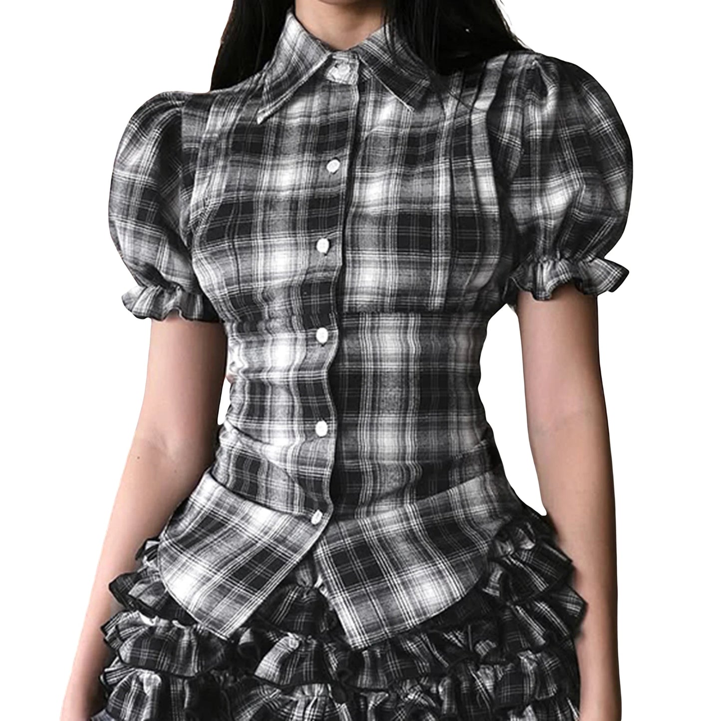 Ladies Plaid Patterned Blouses with Puff Sleeves and Lapel Collar  Fit Summer Tops for a Stylish Look