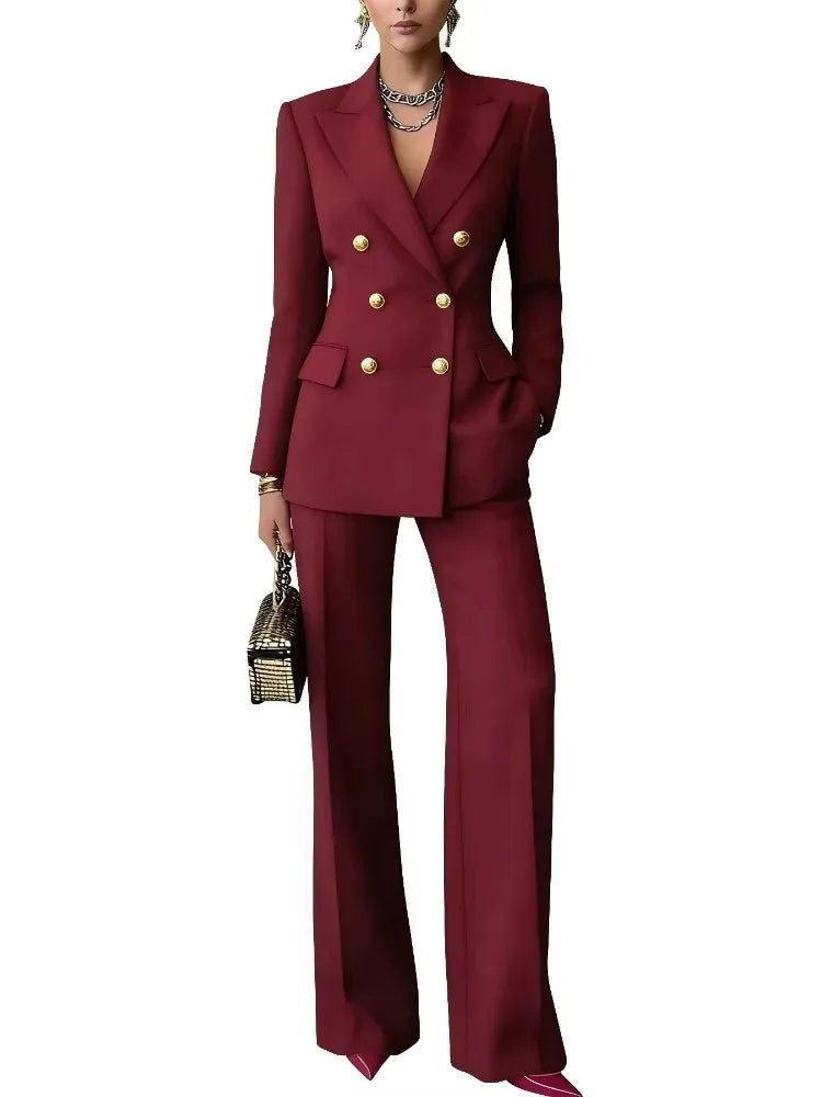 Burgundy Lady Blazer Pant Suits Sets 2 Pcs Women Double Breasted Peak Lapel Jacket Straight Trousers Set Female Office Outfits