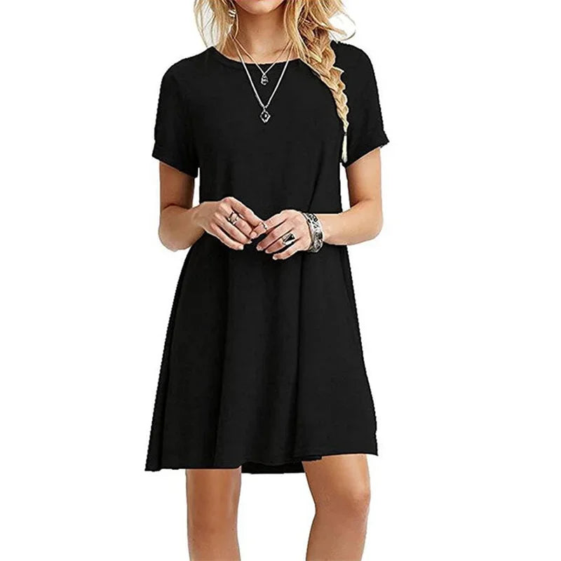 Women Mini Dress Summer Casual Boho Beach Dresses Solid Color O-Neck Short Sleeve Party A-Line Dress Vestidos QT033