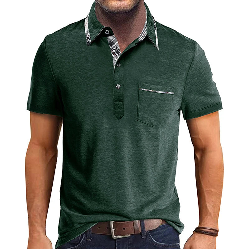 Men Short Sleeve T-Shirts Contrast Plaid Turn-Down Collar Buttons Business Casual Tops Summer Fashion  Fit Shirts