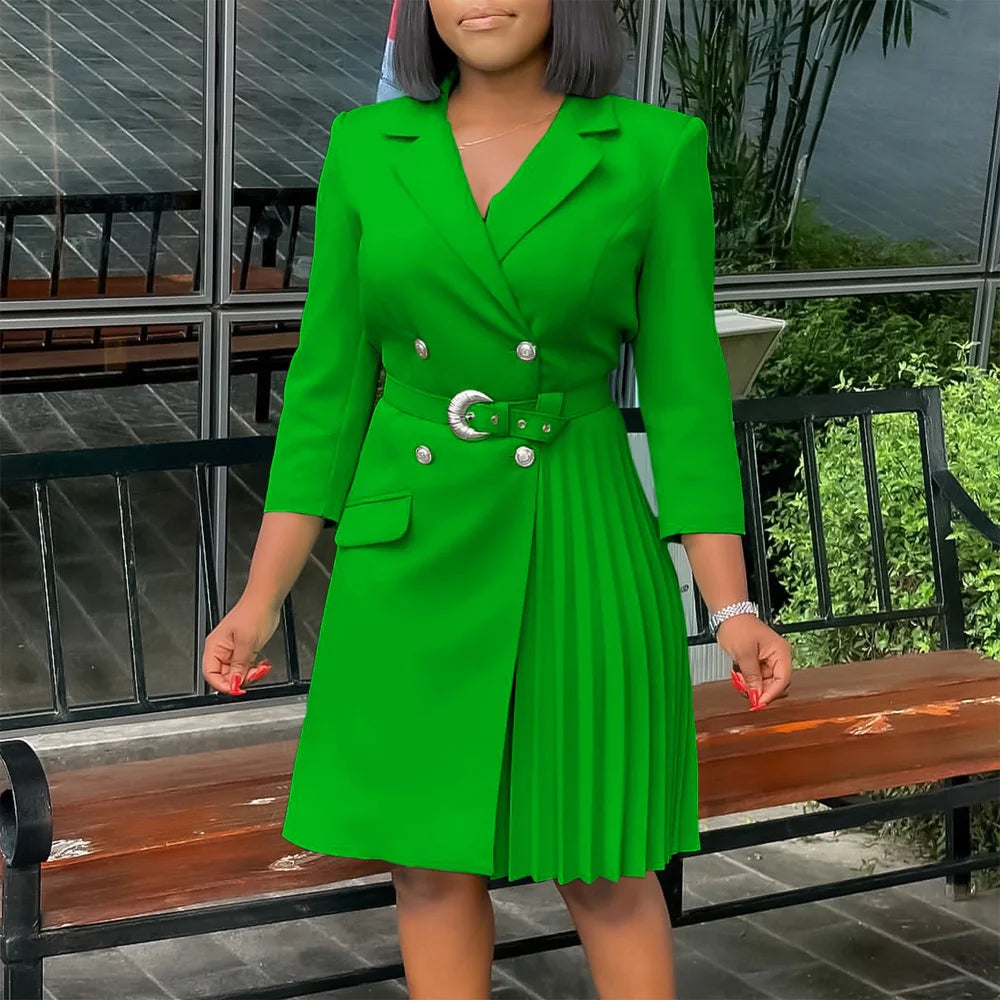 Elegant Dresses for Woman 2024 Autumn Winter New Trends Notched Collar Full Sleeve Sashes Pleated Mid Calf Solid Fashion Dress
