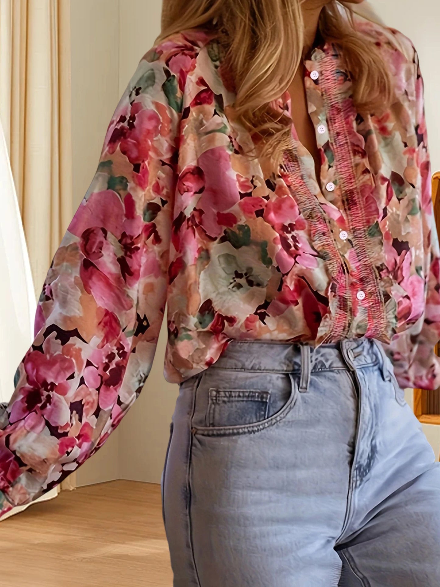 Women s Long Sleeve Round Neck Ruffle Trim Button Down Floral Blouse Loose Casual Top Streetwear Fashion Trend