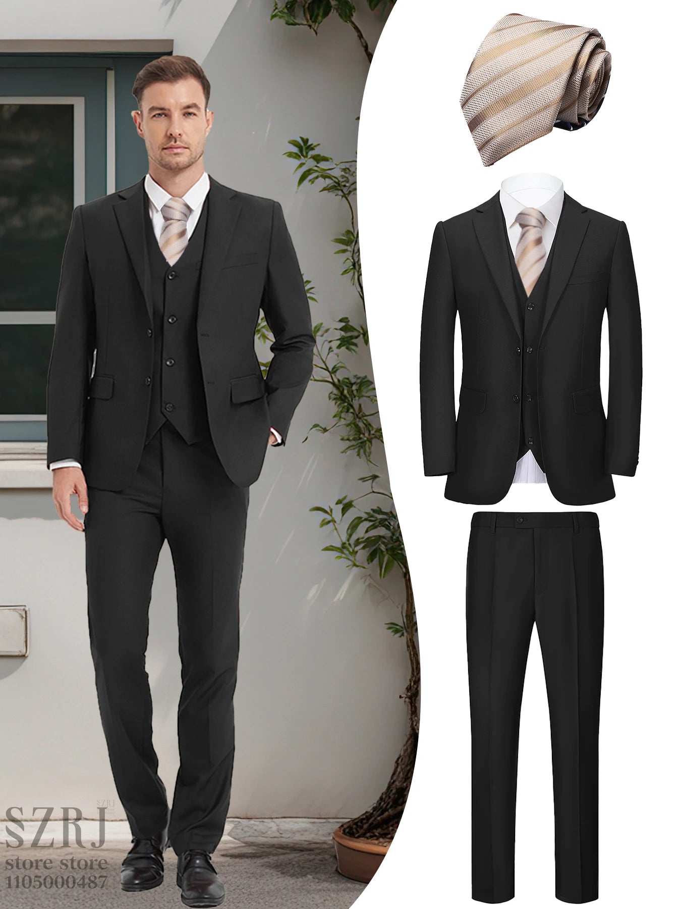 Men's 4-Piece Suit: Jacket+Vest+Pants+golden Tie. V-Neck, Gentleman Style, Premium, Tailored. For Business, Parties, Weddings.