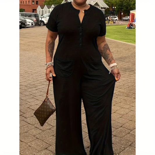 Fashion Casual Solid Color Patchwork V-Neck Oversized Jumpsuit