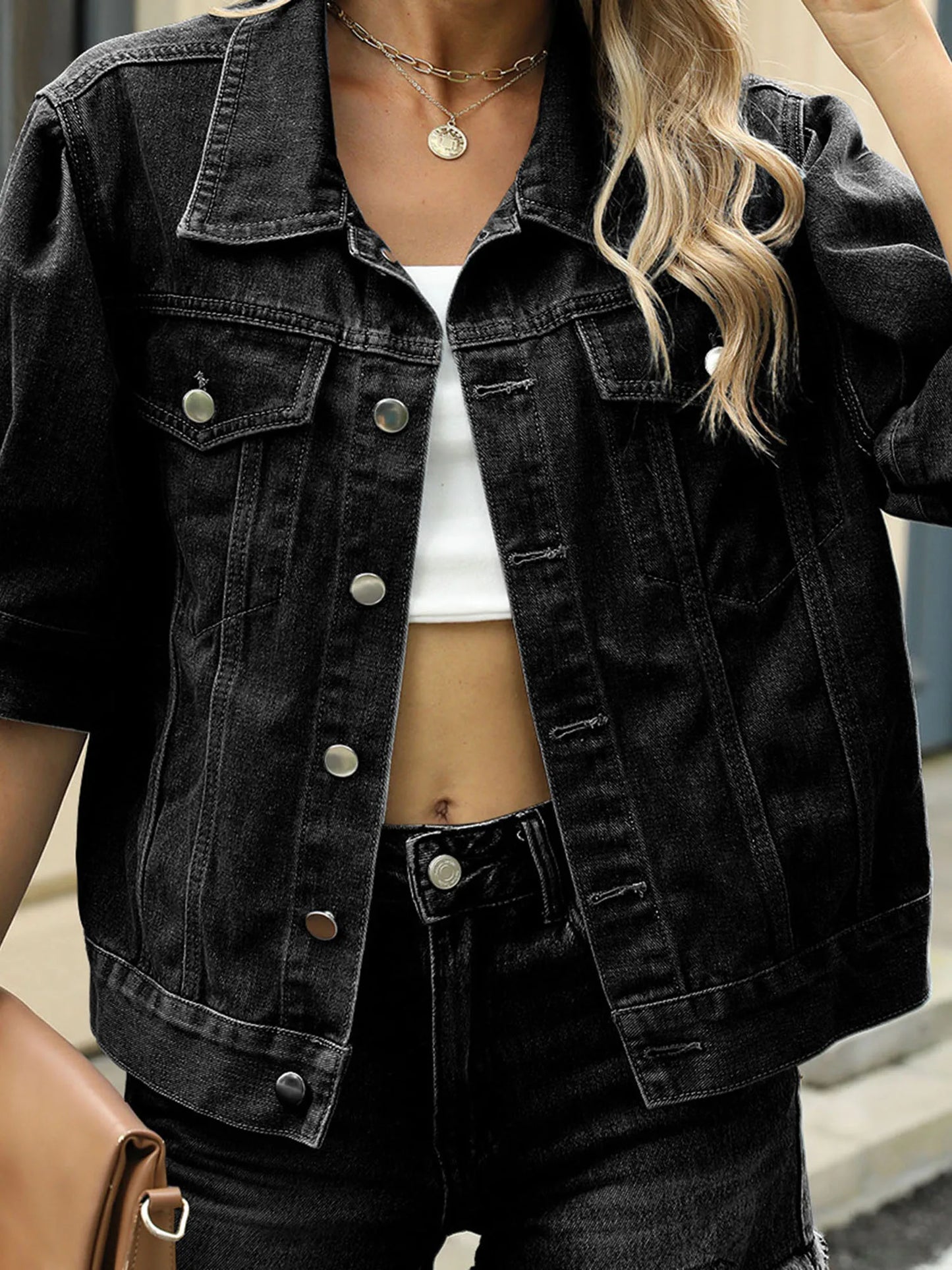 Women s Denim Jacket Long Sleeve Turn-down Collar Button Closure Solid Casual Coat Streetwear Fashion Outwear