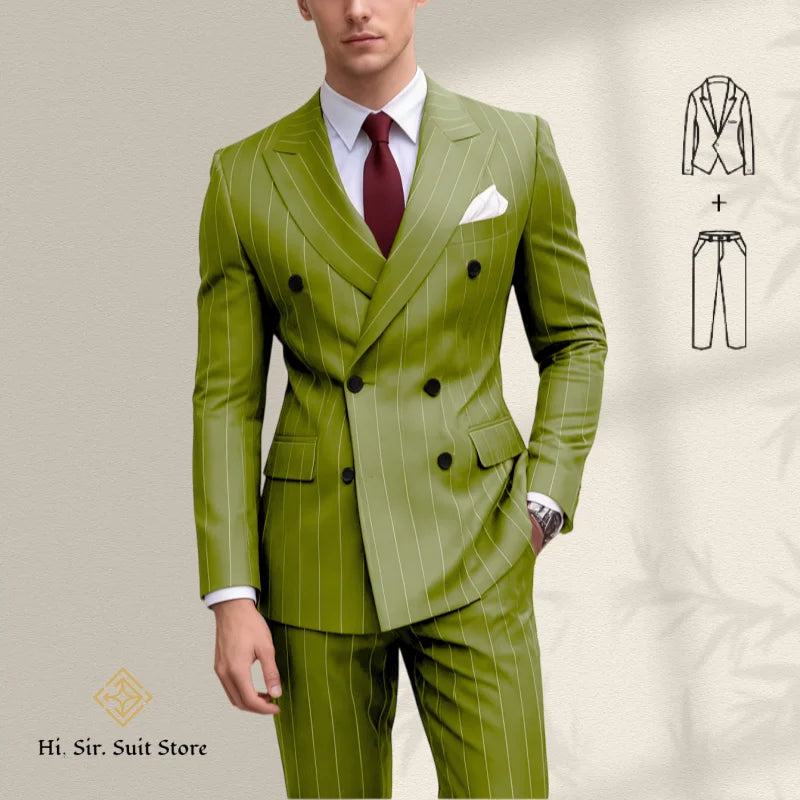 Men's 2-Piece Suit Plus Size Blazer European & American Fashion Striped Double-Breasted Suit Custom-Made Small Batch Blue Jacket