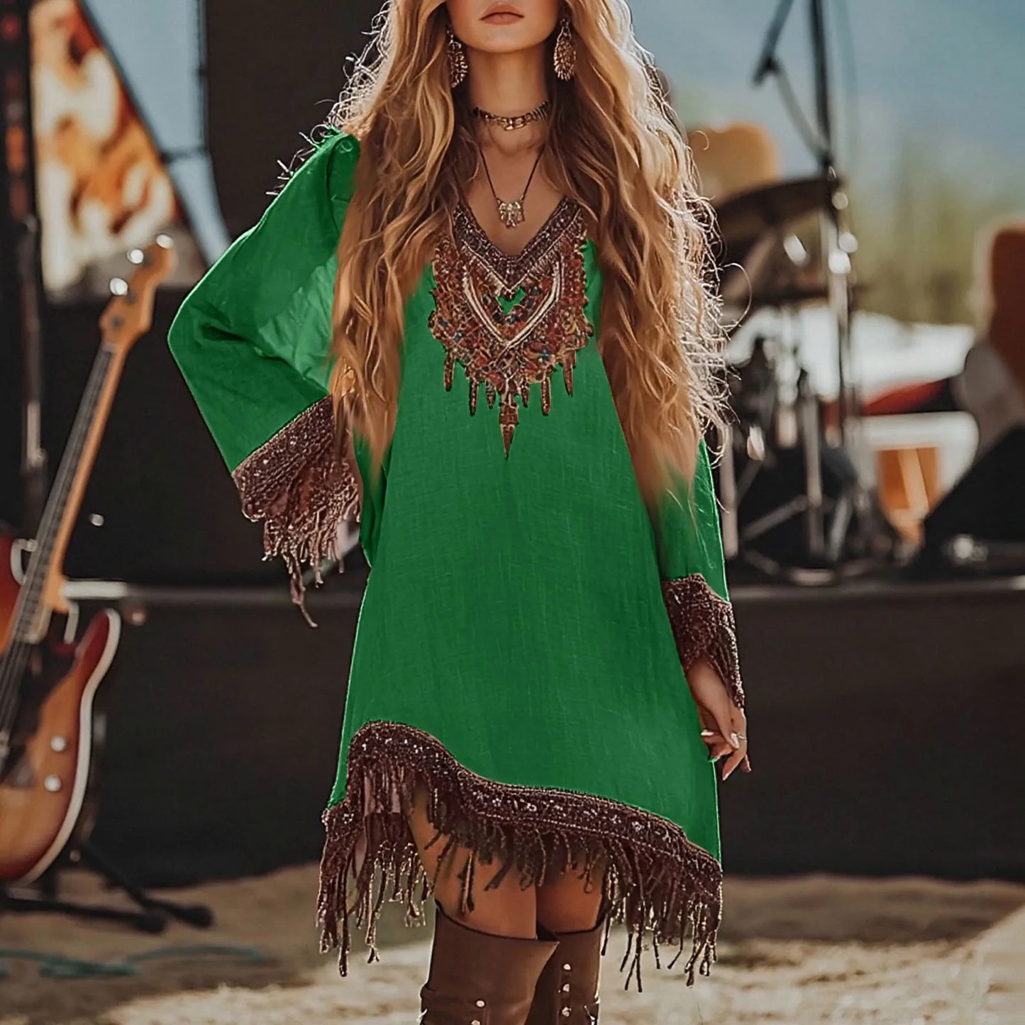 Womens Summer Dress Fashion Casual Fit Flowy Lace Loose Print Long Sleeve V Neck Dress Elegant Women'S Dresses Vestidos De Mujer