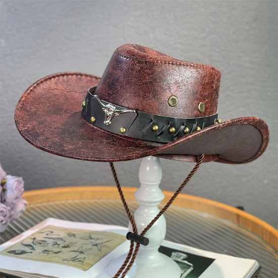 Vintage Style Unisex Cowboy Hat with Bull Head Beaded Band and Wide Brim for Western Cowgirl and Cowboy Fashion