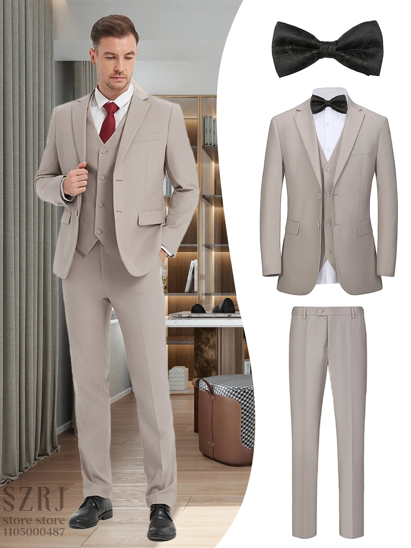 British Style Men's Suit Set (Jacket+Vest+Pants+Bow Tie) - Slim, Elegant, Multi-Occasion