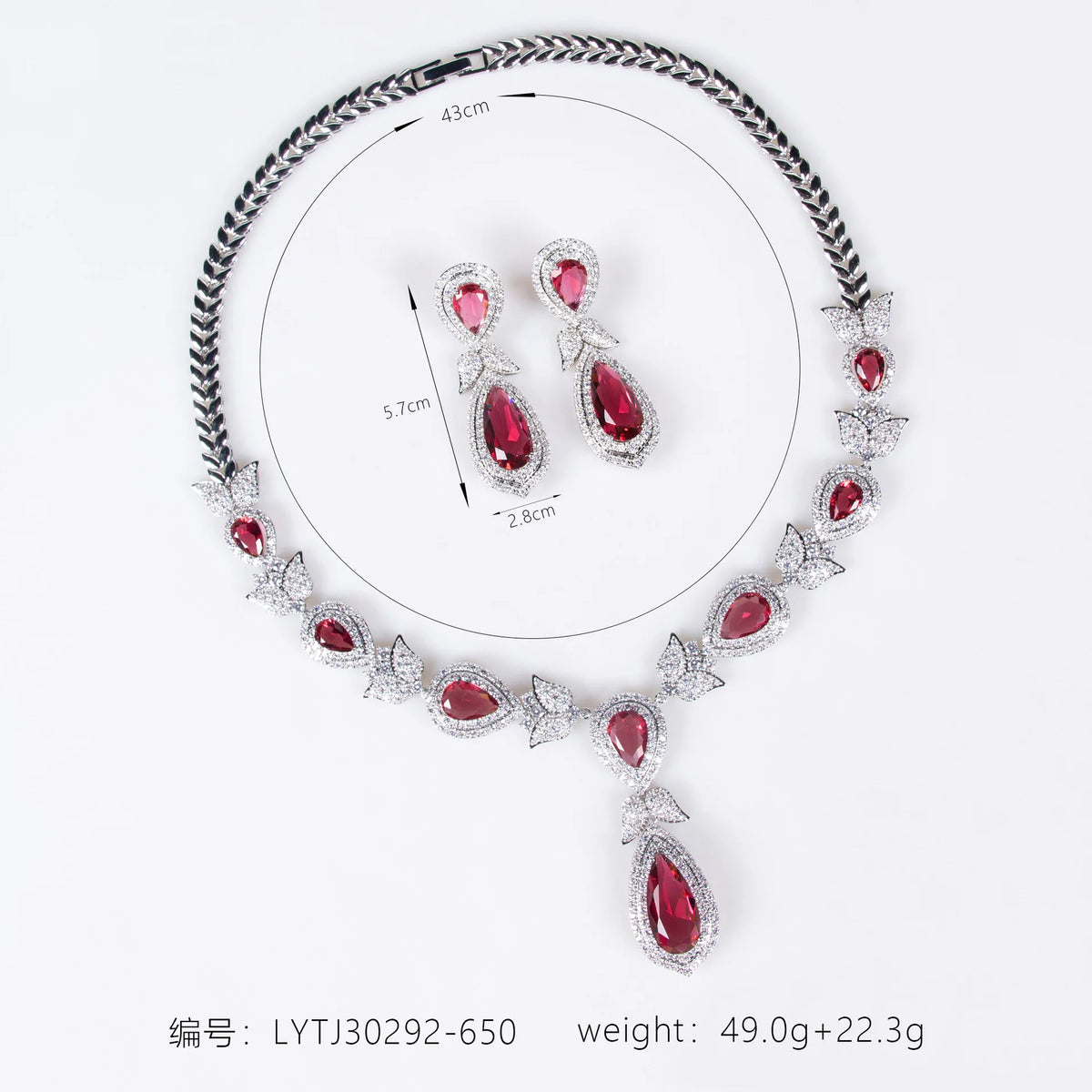 Bridal colored zircon necklace and earrings two-piece set, versatile and elegant stud earrings and banquet necklace for wedding