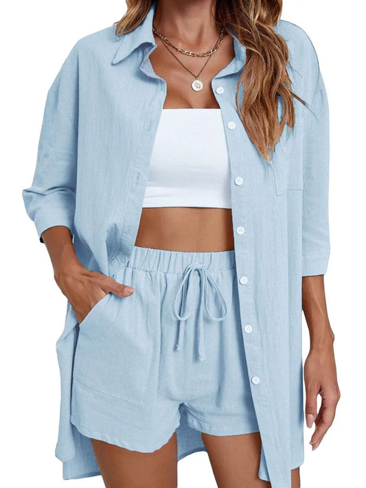 Women’s Casual 2 Piece Outfits Fashion Short Sleeve Button Down Oversized Shirt Shorts Set Loungewear