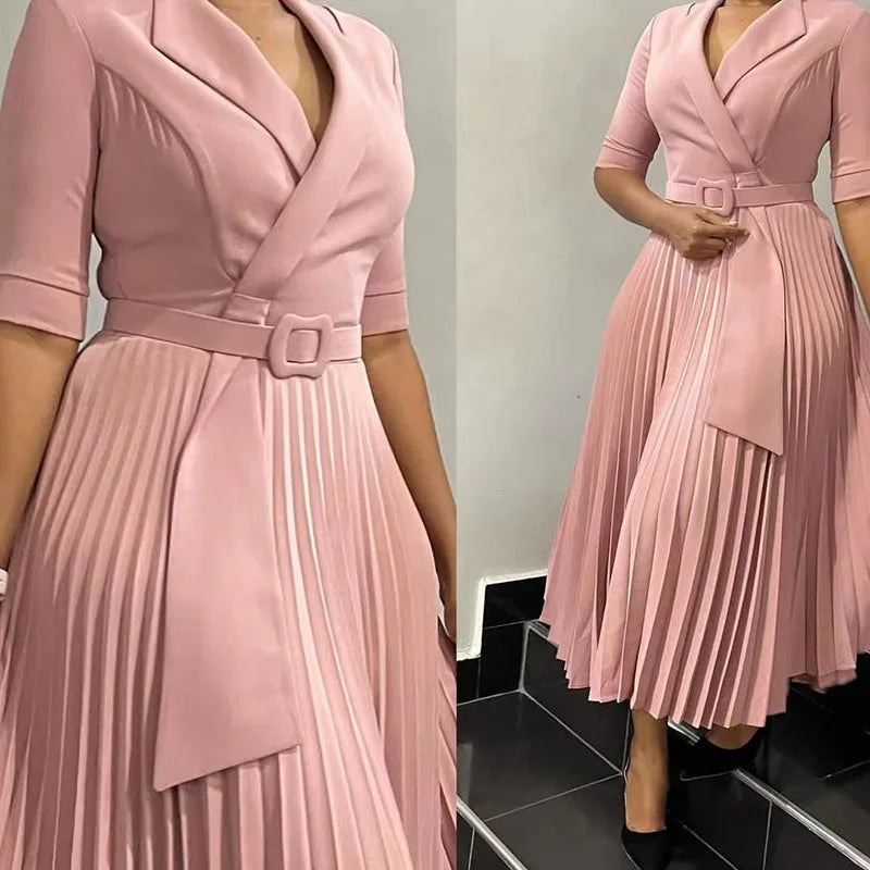 Elegant Office Dresses Pleated for Woman Notched Collar Half Sleeve Belt Waisted Mid Calf Professional Afircan Business New Robe
