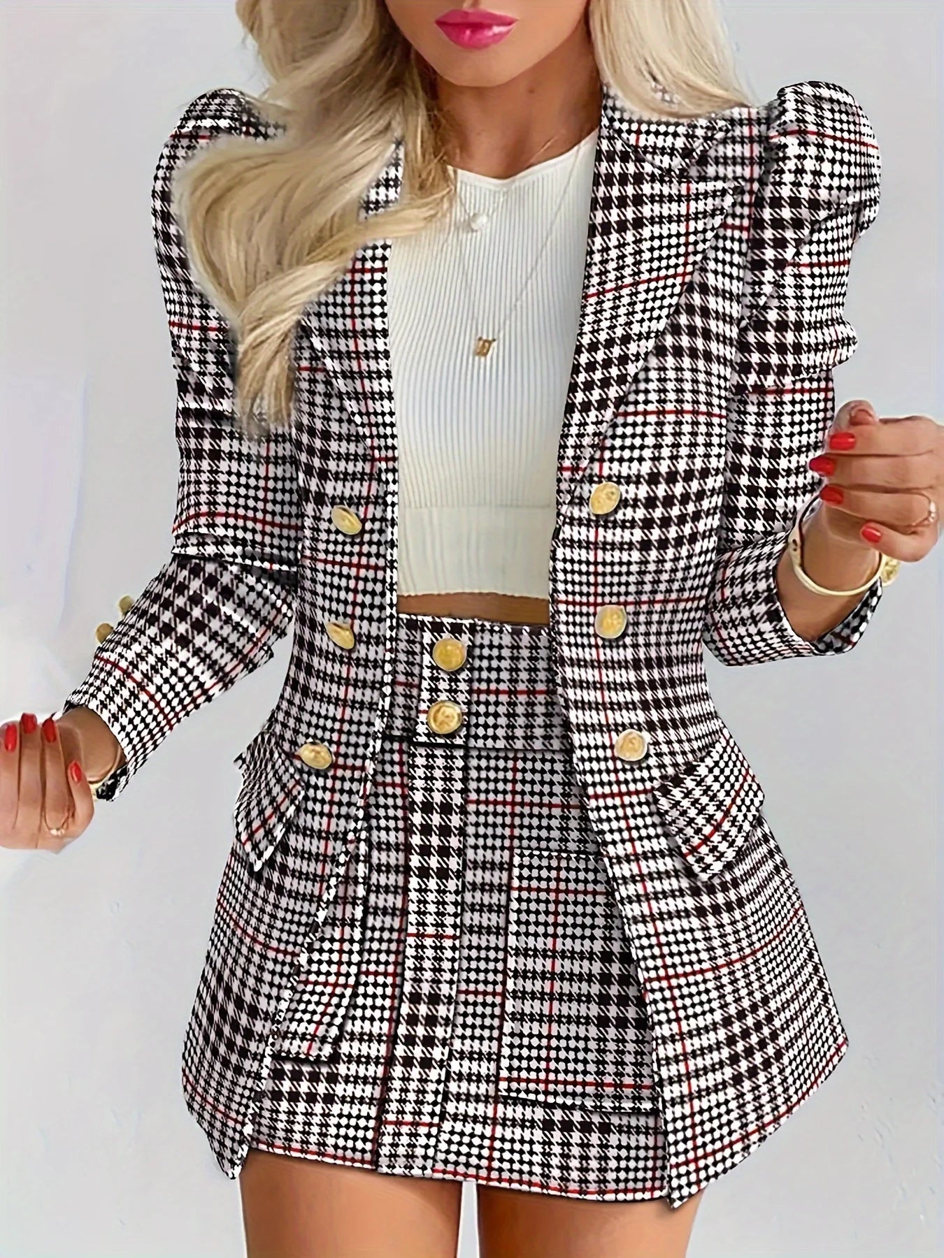 Women's Thousand Bird Casual Two-Piece Suit Set, Long Sleeved Flip Top Double Breasted Suit Jacket and Mini Hip Hugging Skirt, S