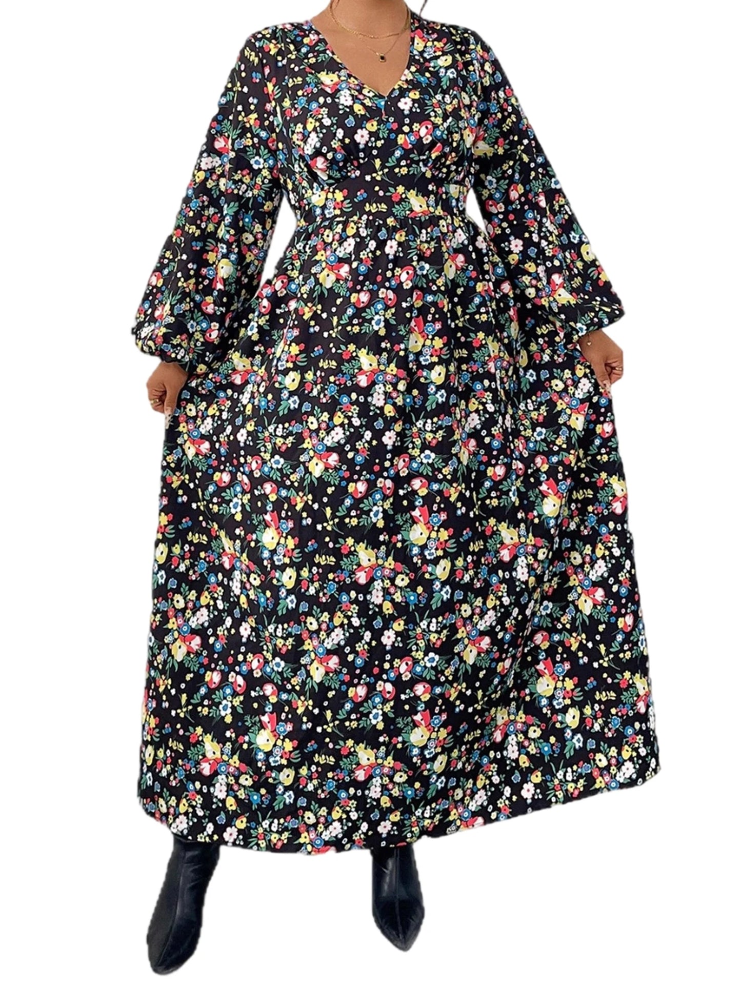 Elegant Maxi Dress Flowy Long Sleeve V-neck Printed Dress for Women s Daily Wear and Special Occasions