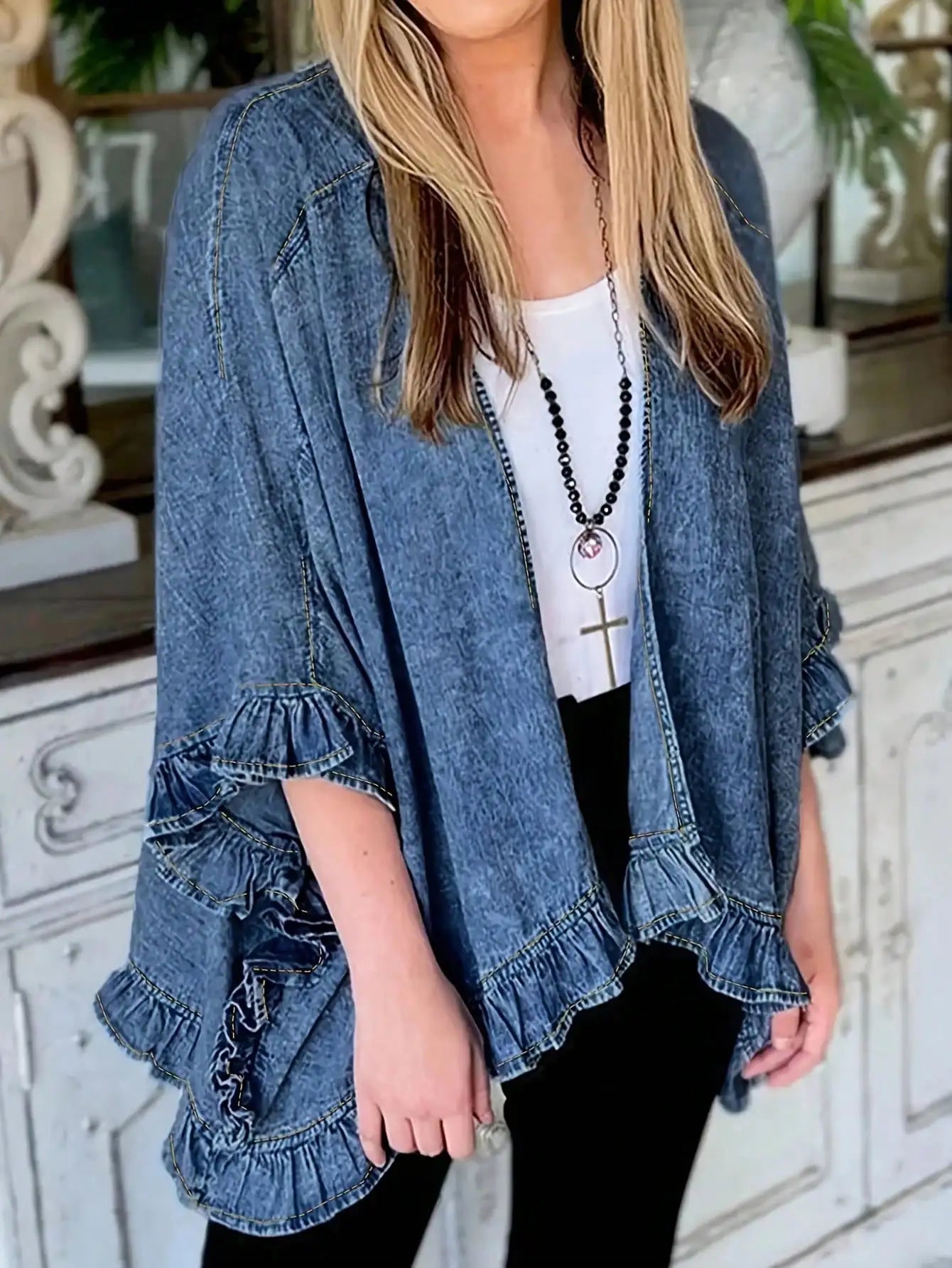 Women's Denim Jacket with Ruffled Sleeves | Boho Chic Open Front Lightweight Jacket for Women | Fall & Spring Distressed Casual