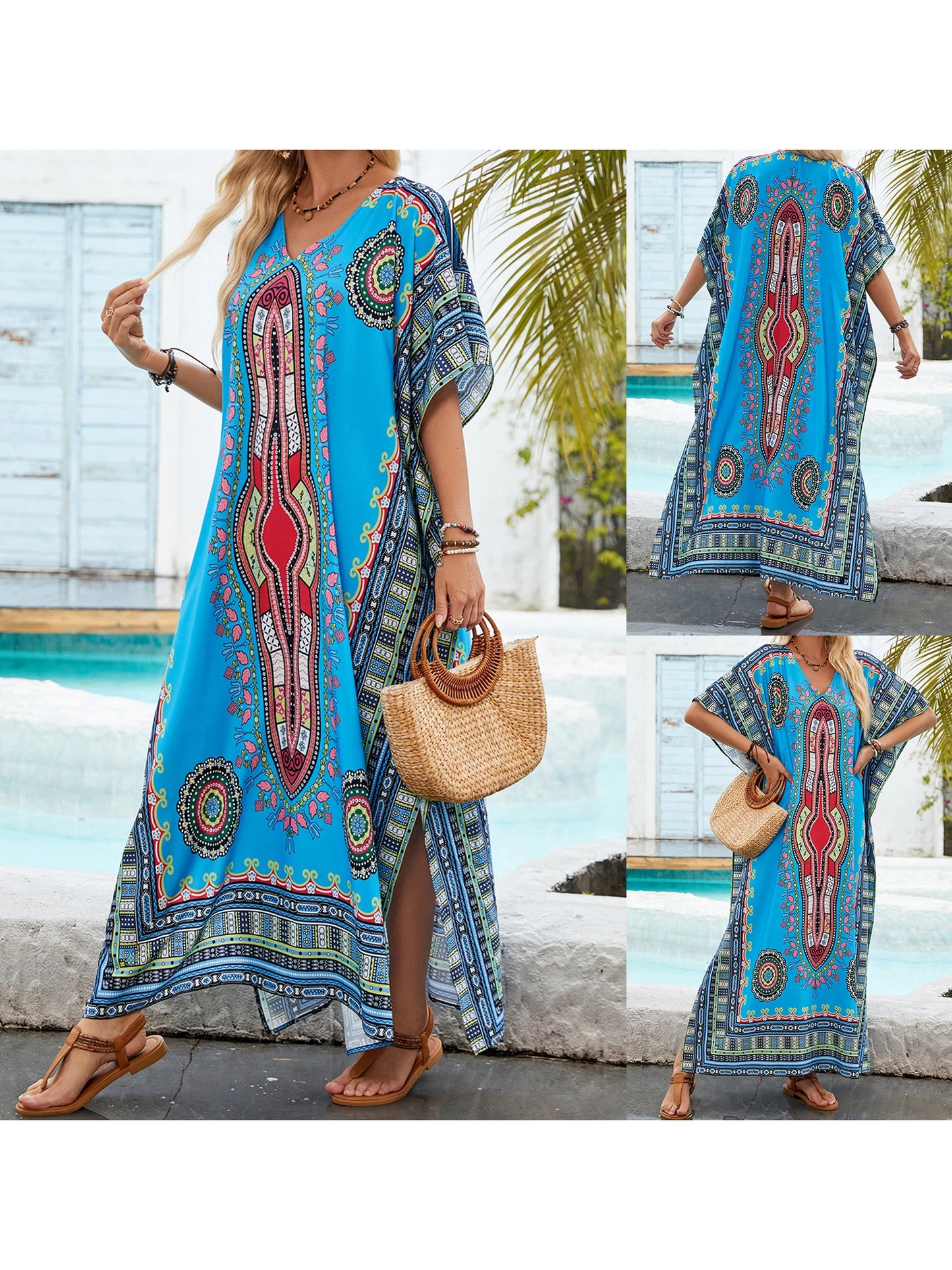 Women s Boho Style Floral Print V-neck Short Sleeve Beach Cover-up Dress with Side Slit Loose Fit Summer Maxi Dress