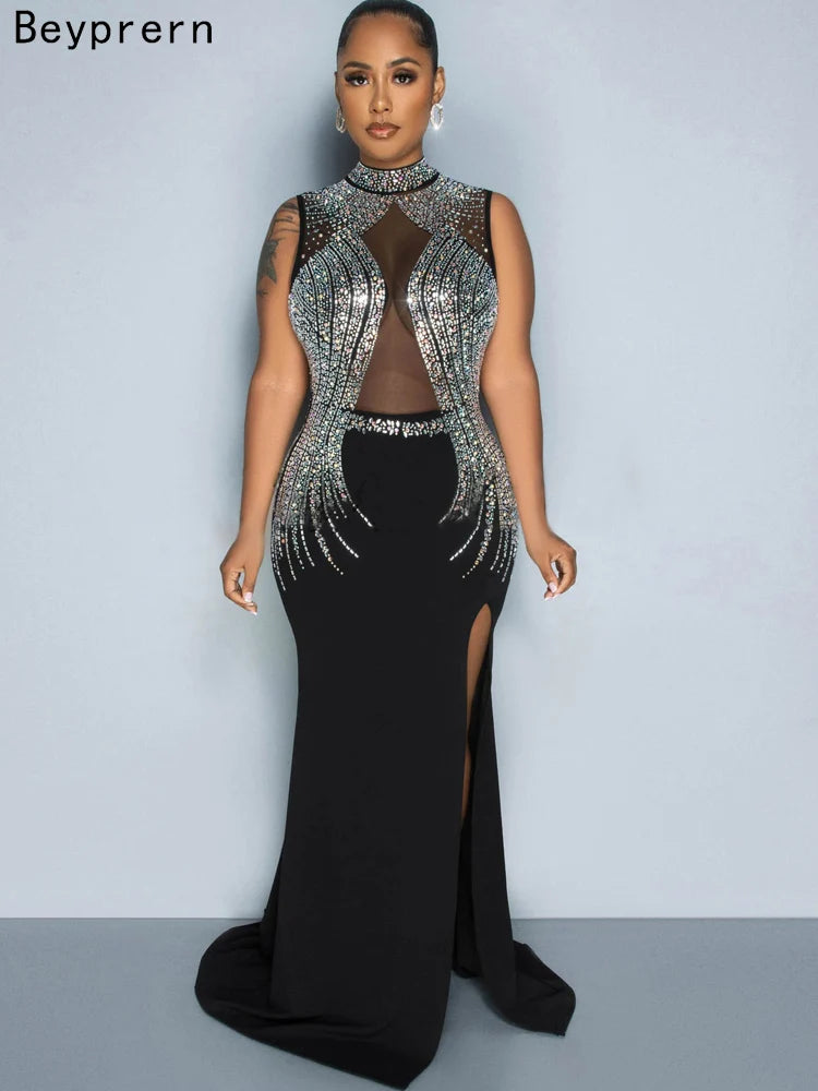 Beyprern Women's Black Mesh Bust Rhinestones Décor High Slit Maxi Dress Glam Mock Neck Crystal Party Dresses Celebrities Outfits
