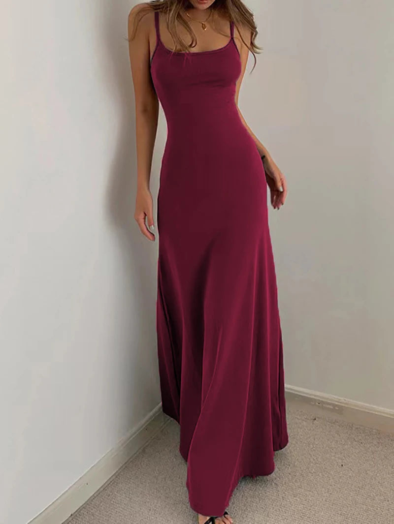 Woman Spring Summer Bodycon Dress Female Sexy Sleeveless Spaghetti Strap Sheath Dress Elegant Backless Evening Dress Long Skirt