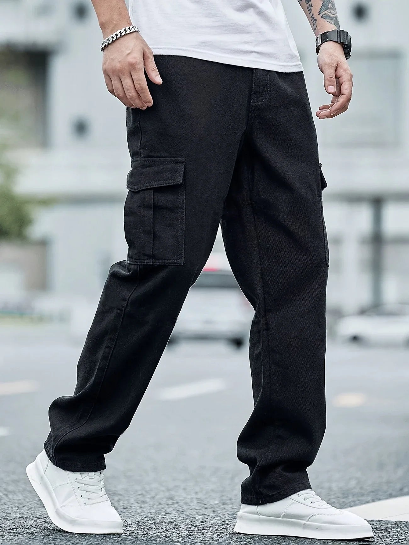 Men's Fashion Street Style Cropped Jeans, Cotton Blend, Non-Stretch, Solid Color, Loose Fit, Washed Denim, with Woven Fabric for